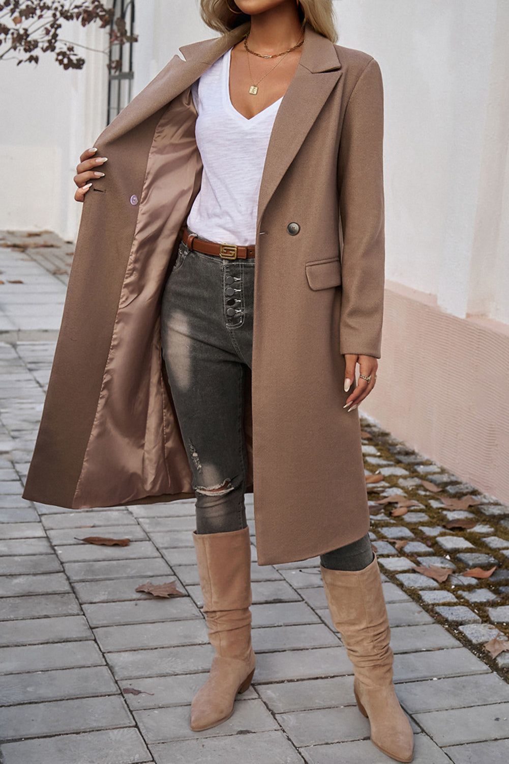 Single Breasted Lapel Collar Flap Pocketed Overcoat