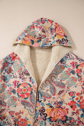 Vintage Paisley floral Sherpa lined jacket w/hood