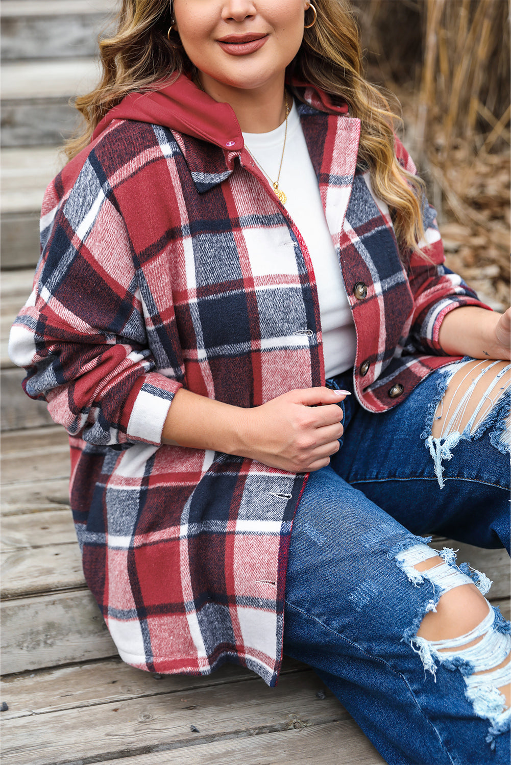 Plus Size Plaid Button up Hooded Jacket