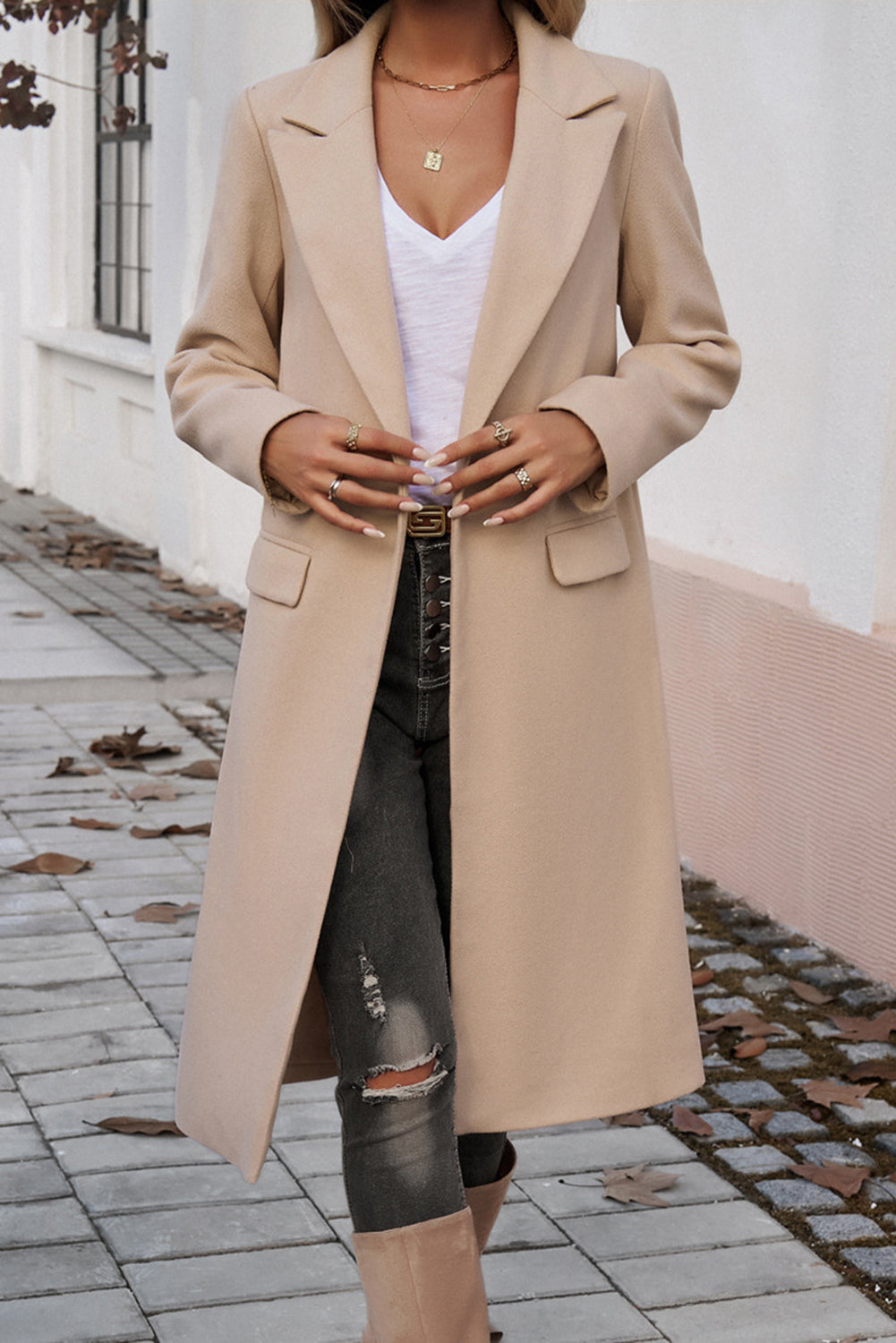 Single Breasted Lapel Collar Flap Pocketed Overcoat