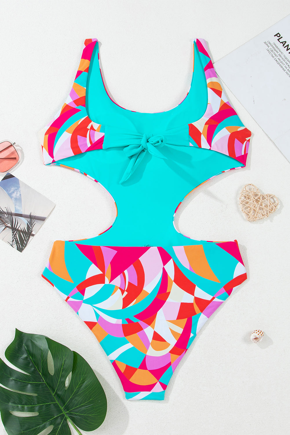 Abstract Geometry Print Daring Cutout Reversible One Piece Swimsuit