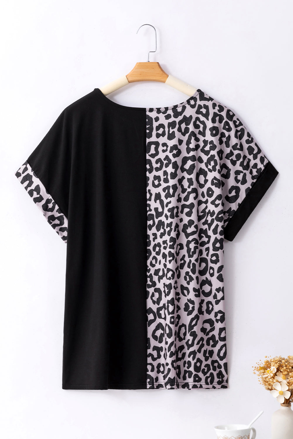Plus Size Black Half Leopard Patchwork T-shirt