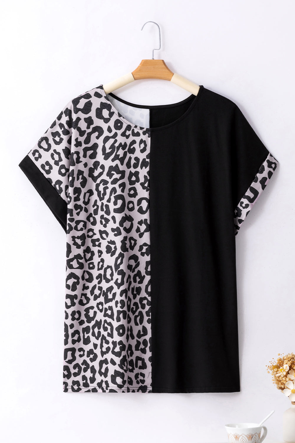 Plus Size Black Half Leopard Patchwork T-shirt