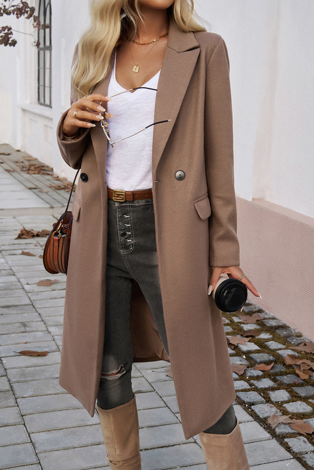 Single Breasted Lapel Collar Flap Pocketed Overcoat