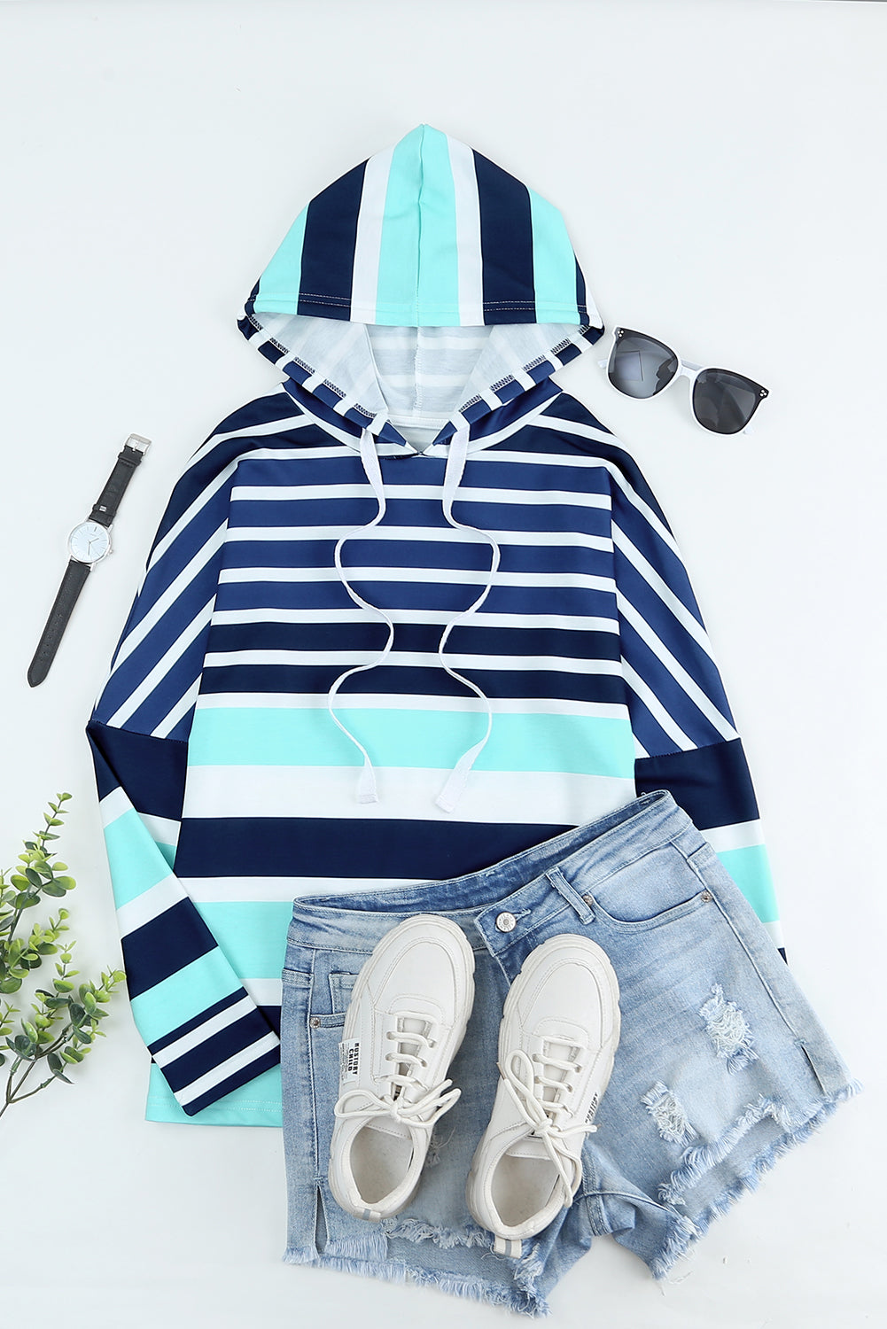 Striped Drawstring Long Sleeve Hoodie