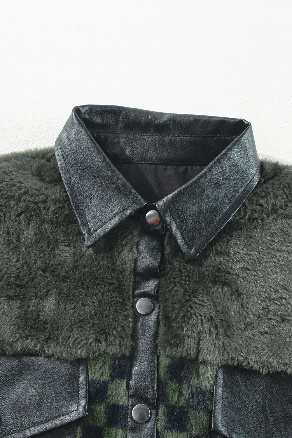 Vineyard Green Fleece Checkerboard Flap Pocket Snap Button Jacket