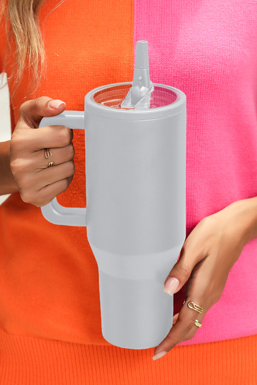 Rose Red Frosted Stainless Handle Large Vacuum Cup with Straw 40oz
