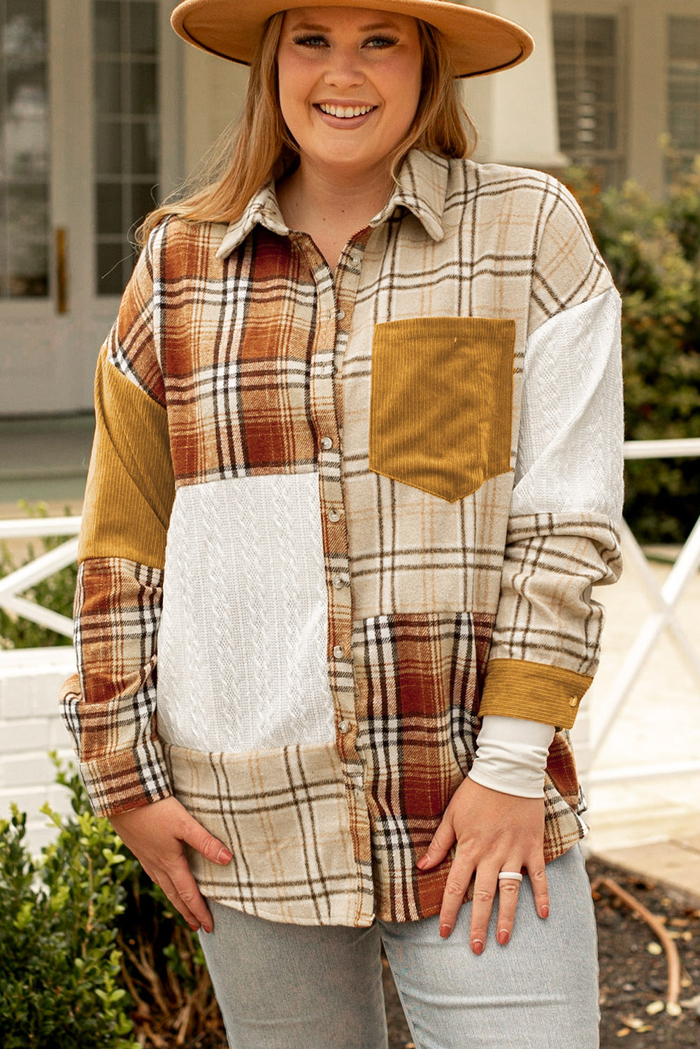 Plus Size Plaid Patchwork Button up Shacket