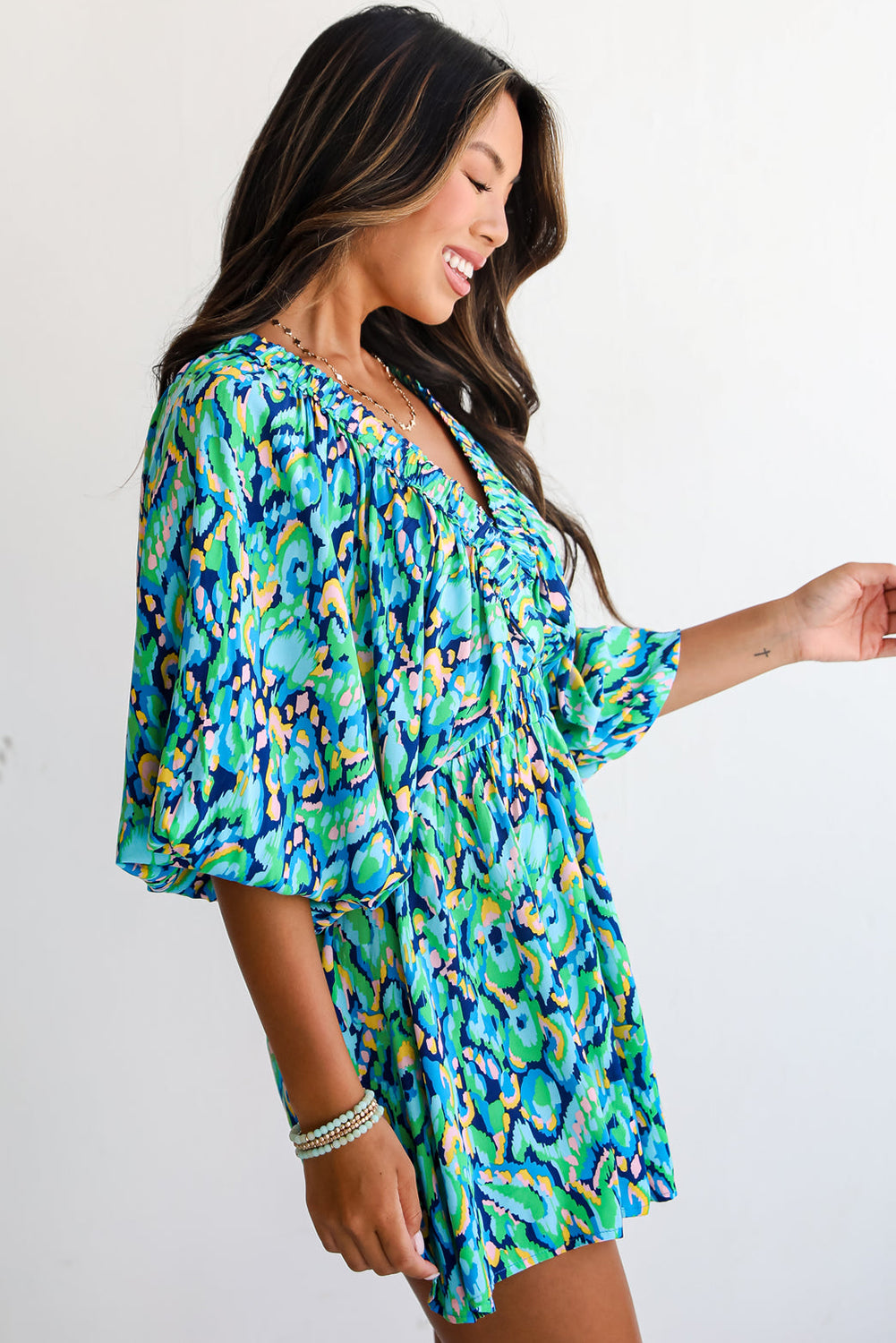 Abstract Print Puff Sleeve V Neck High Waist Romper