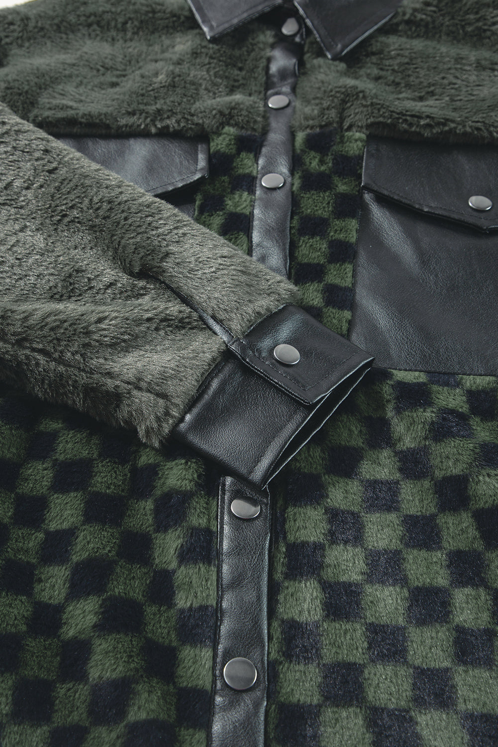 Vineyard Green Fleece Checkerboard Flap Pocket Snap Button Jacket