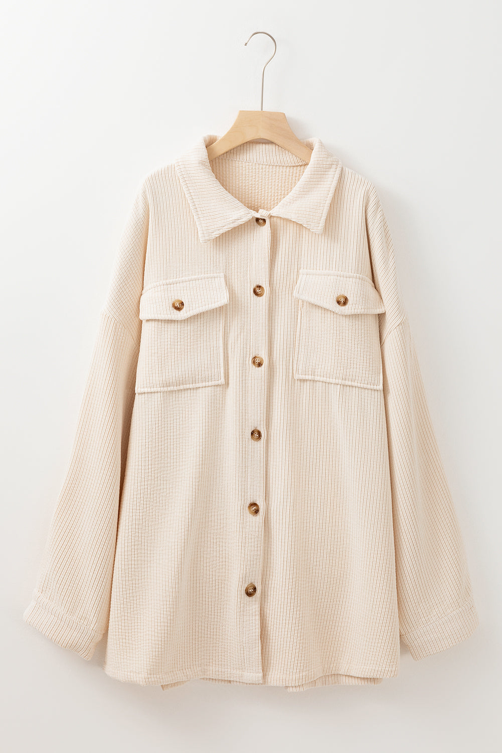 Plus size Oatmeal Textured Flap Pockets Buttoned Shacket