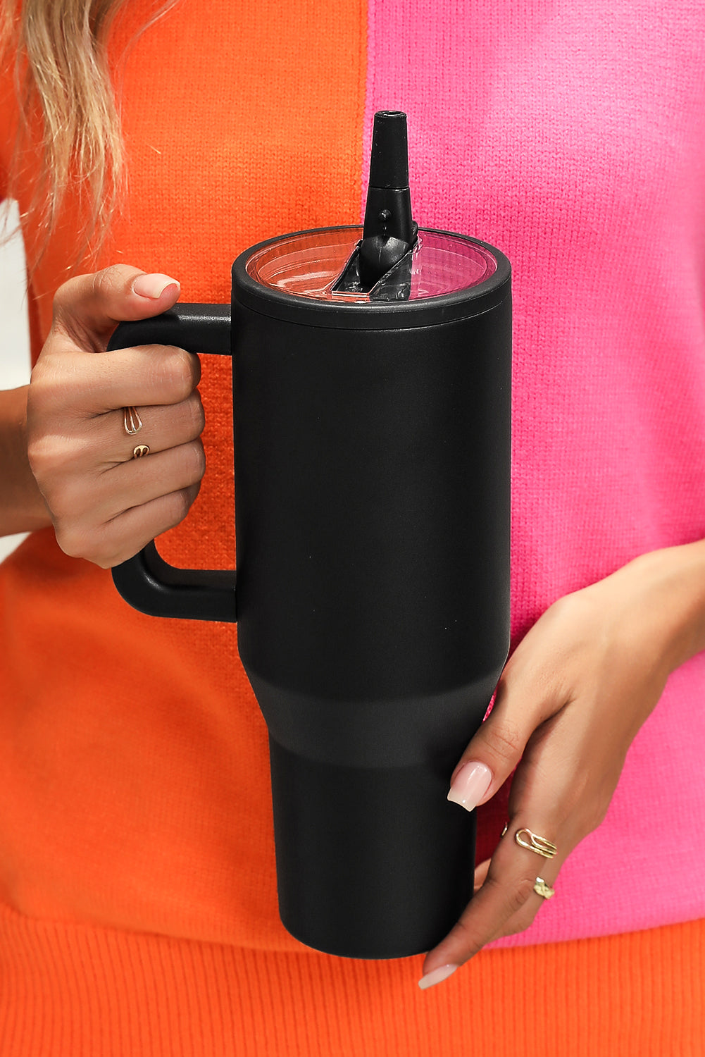 Rose Red Frosted Stainless Handle Large Vacuum Cup with Straw 40oz