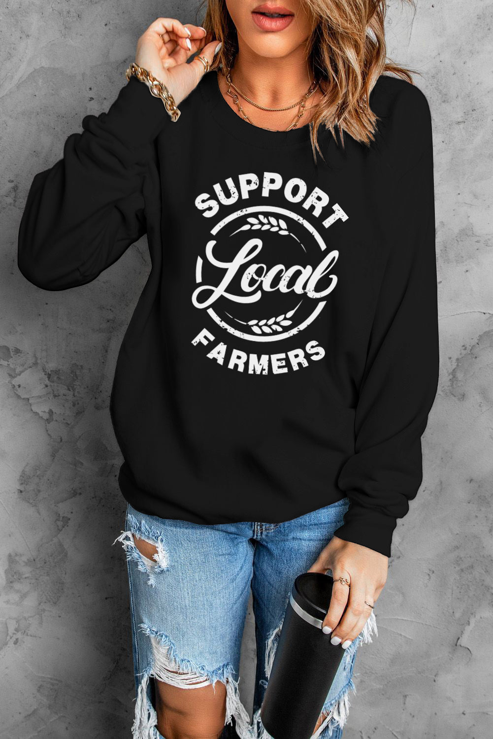 Black Support Local Farmers Print Long Sleeve Sweatshirt