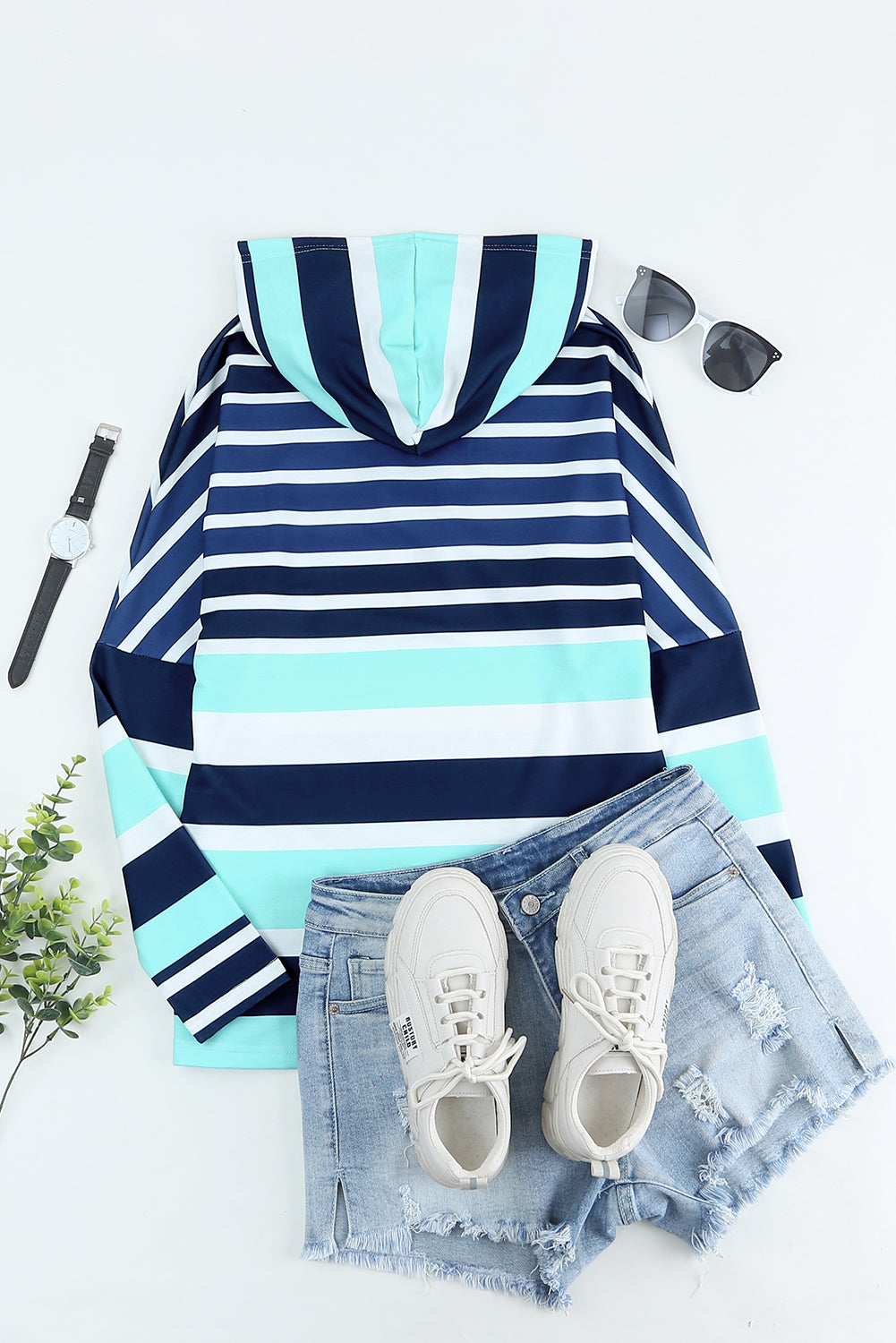 Striped Drawstring Long Sleeve Hoodie