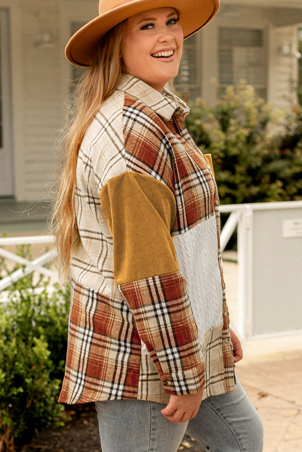 Plus Size Plaid Patchwork Button up Shacket