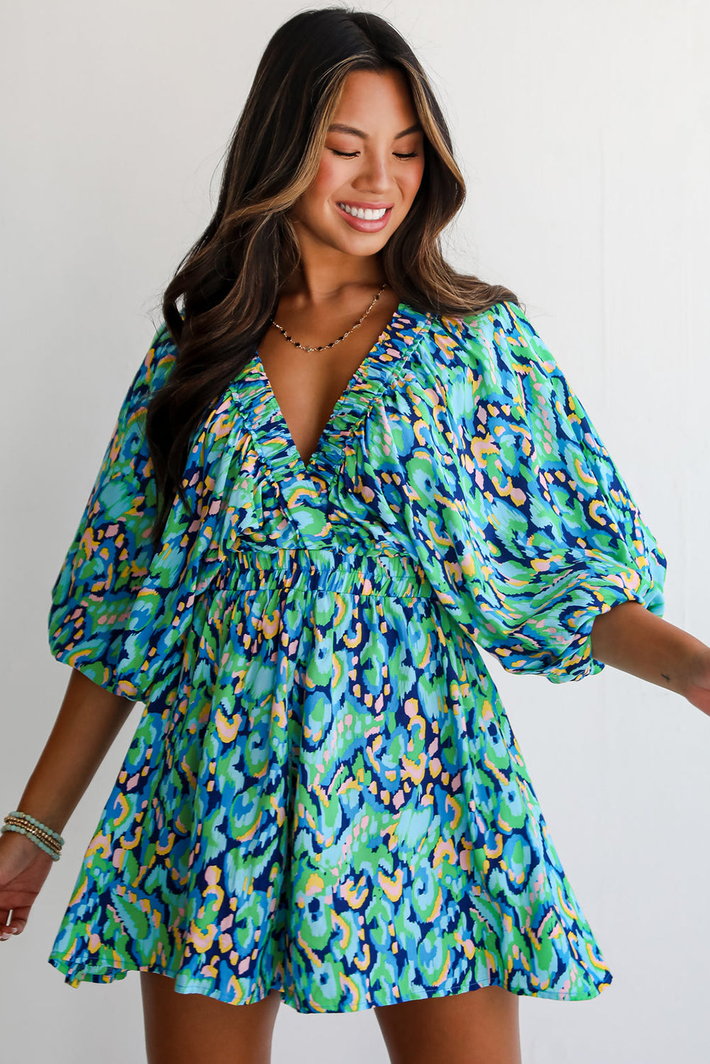 Abstract Print Puff Sleeve V Neck High Waist Romper