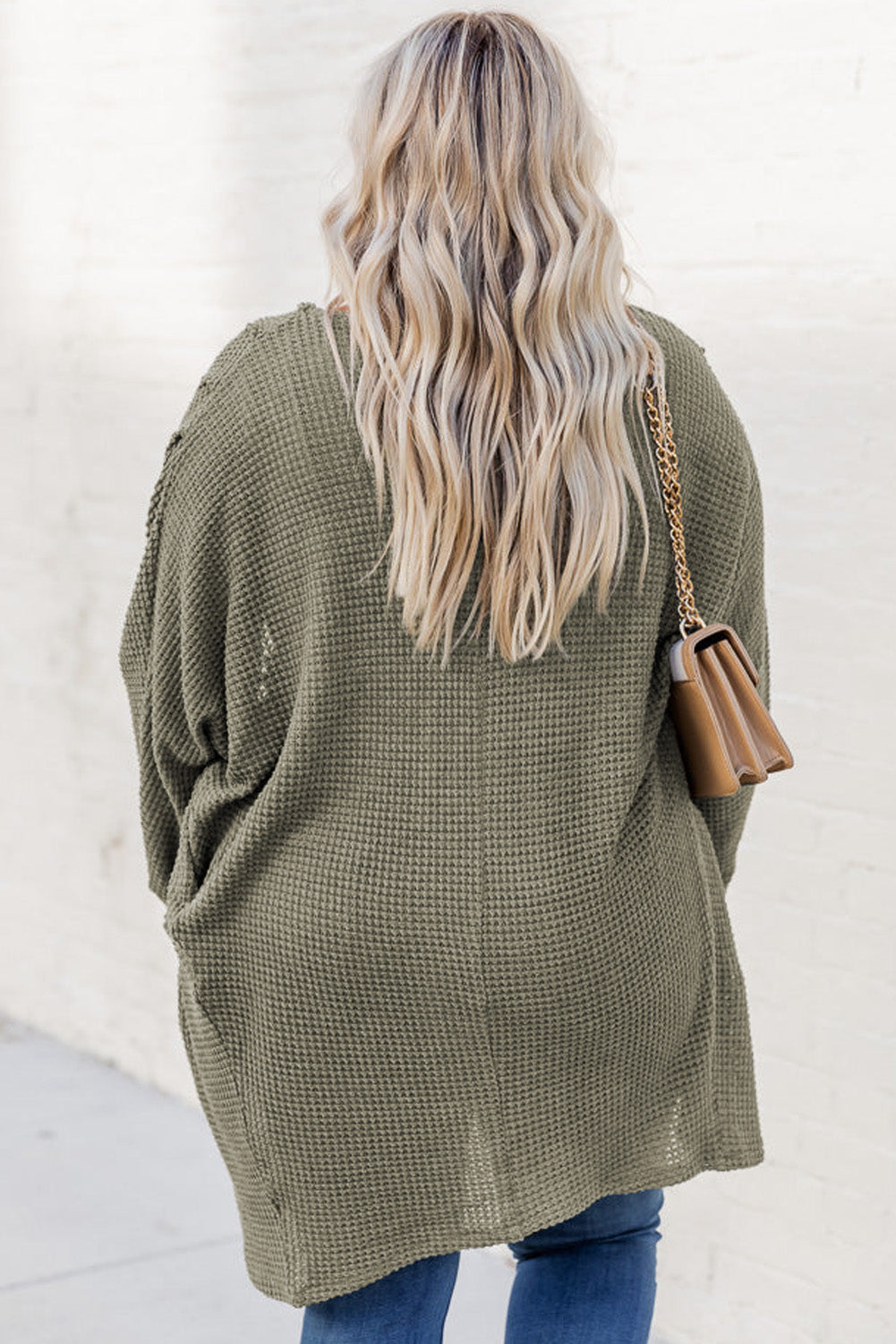 Plus Size Seagrass Waffle Knit Drop Shoulder Open Front Pocketed Cardigan