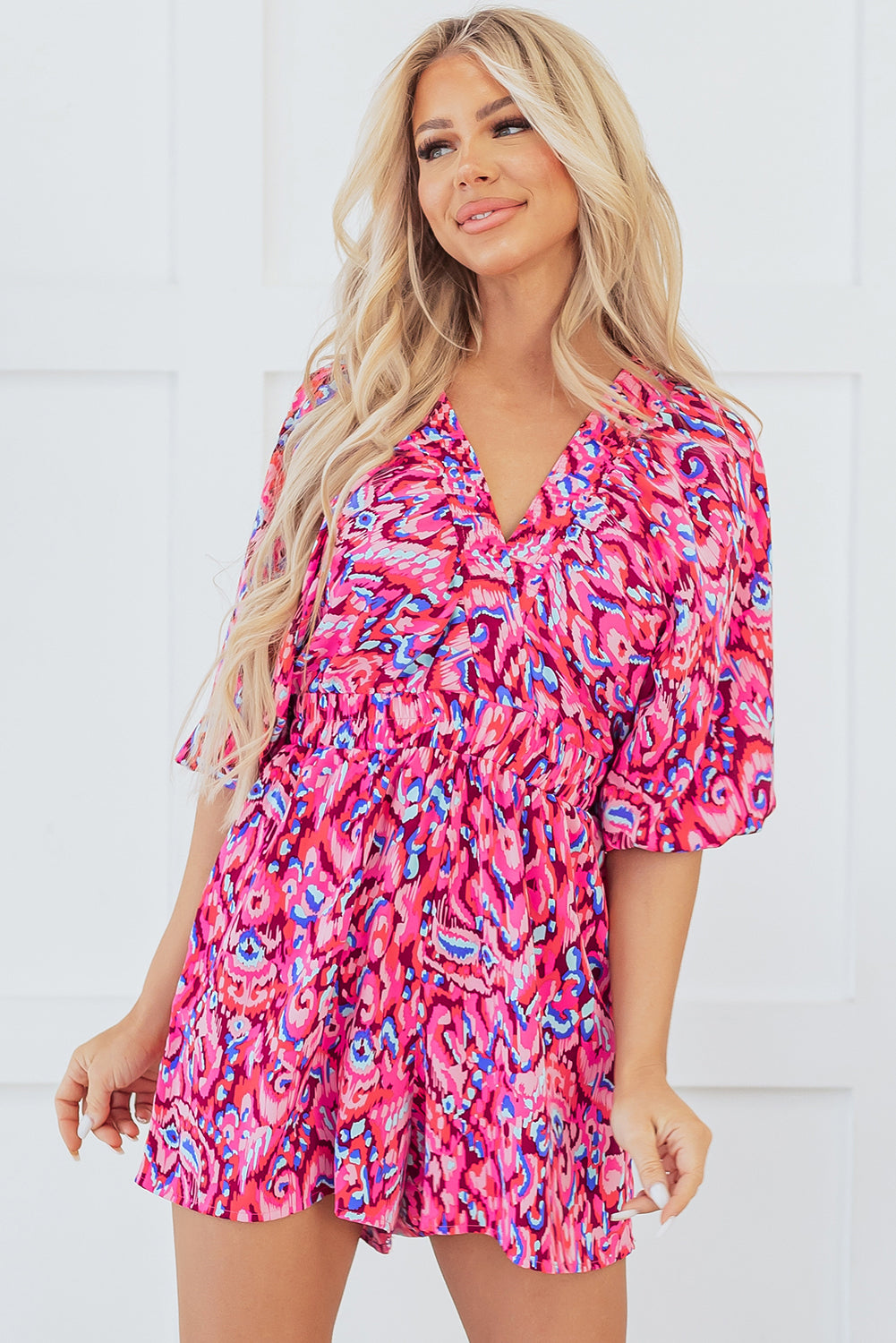 Abstract Print Puff Sleeve V Neck High Waist Romper