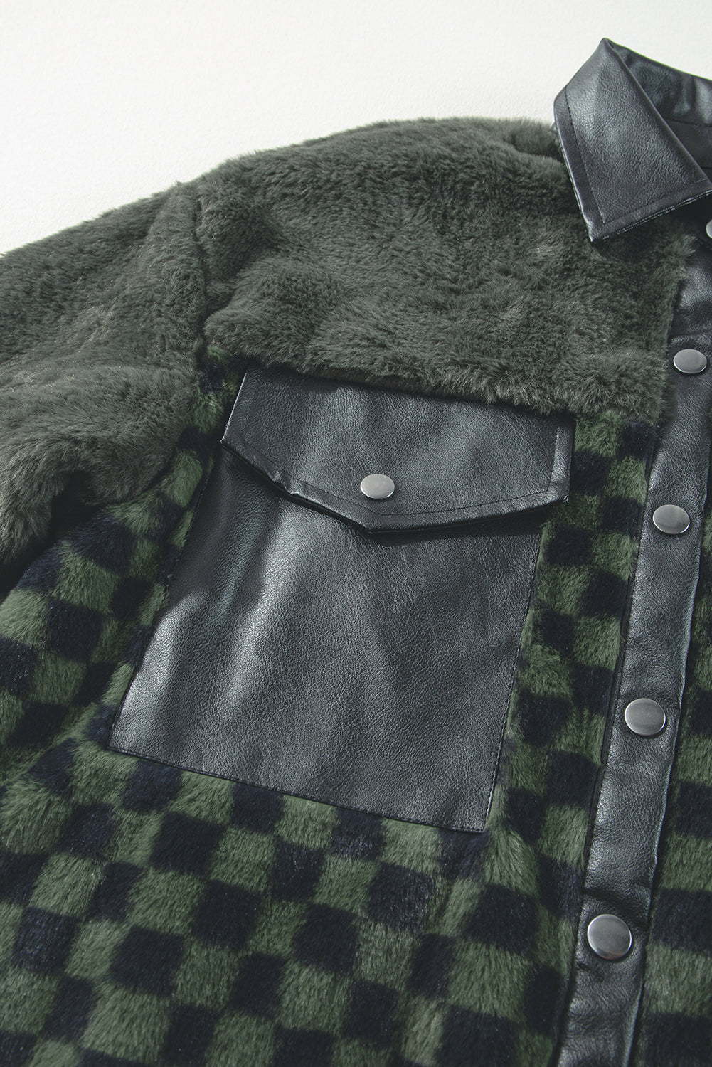 Vineyard Green Fleece Checkerboard Flap Pocket Snap Button Jacket