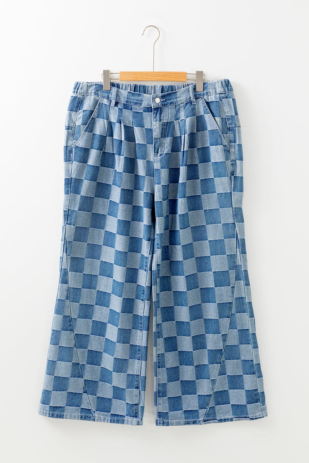 Plus Size Checkered Seamed High Waist Wide Leg Jeans