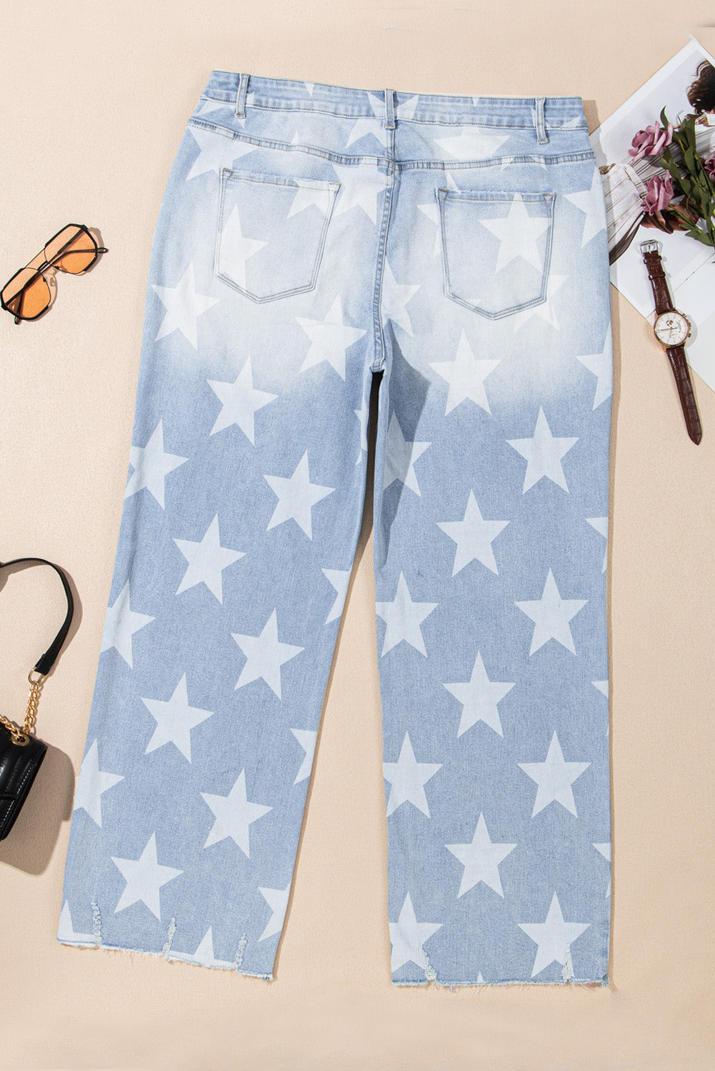 Plus Size Beau Blue High Waist Star Pattern Jeans