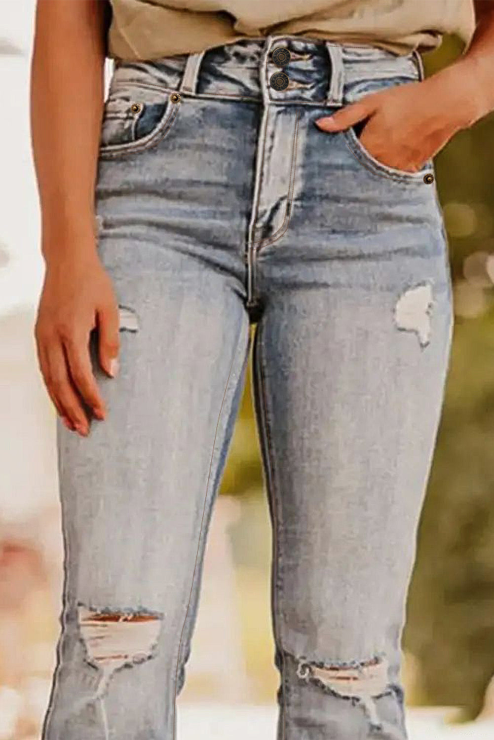 Vintage Light Wash Ripped Raw Edge Flare Jeans