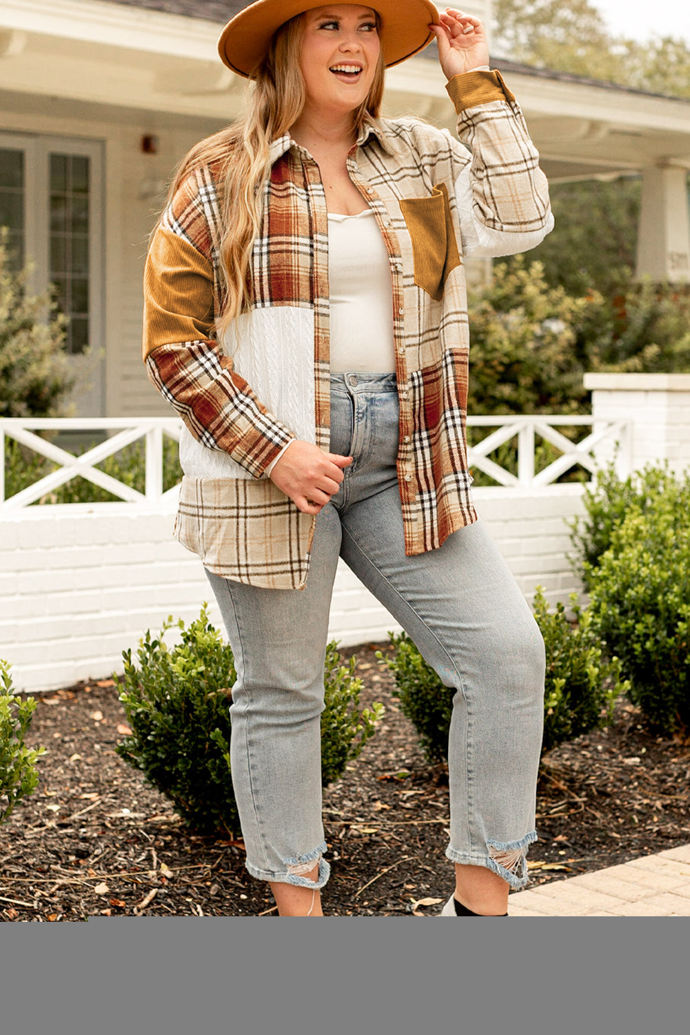 Plus Size Plaid Patchwork Button up Shacket