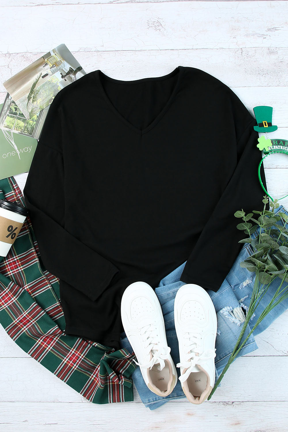 Solid Color V Neck Long Sleeve Knit Top