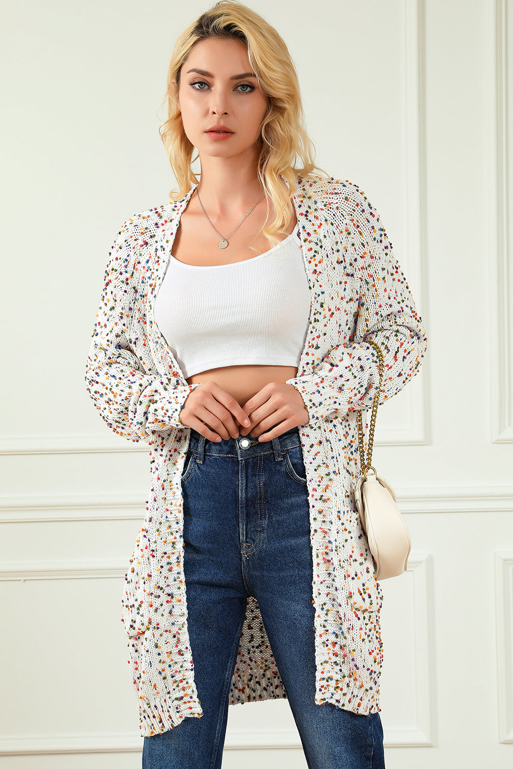 White Rainbow Popcorn Confetti Open Front Cardigan