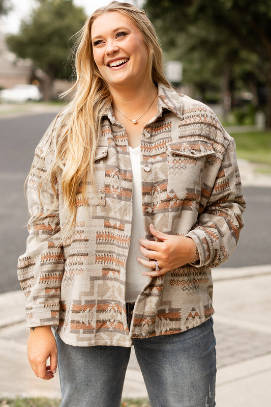 Plus Size Aztec Geometric Print Pockets Jacket