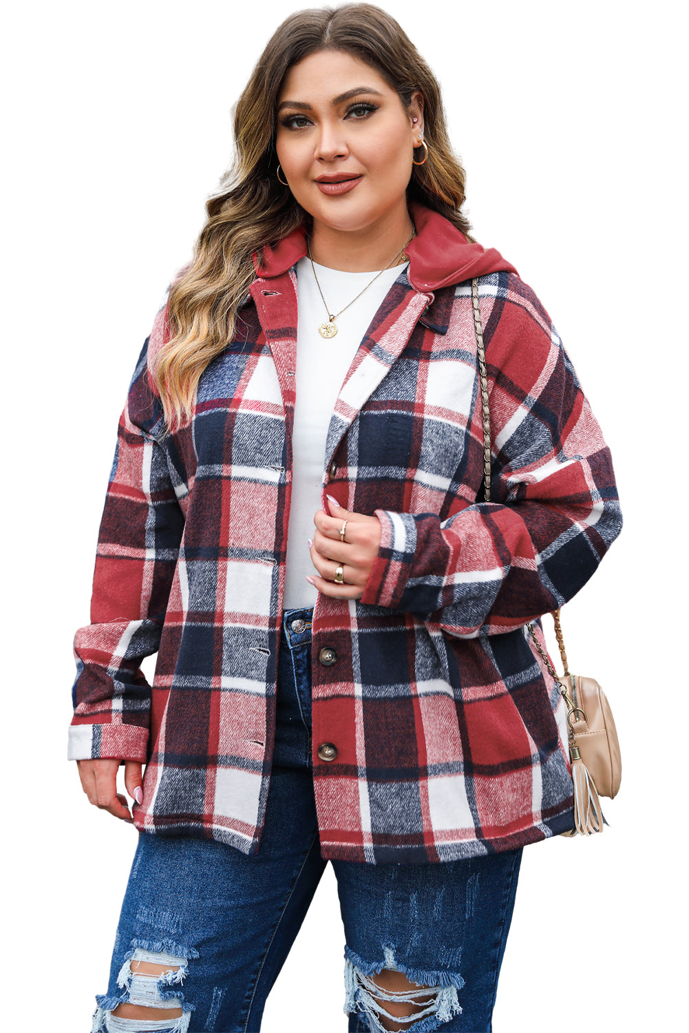 Plus Size Plaid Button up Hooded Jacket
