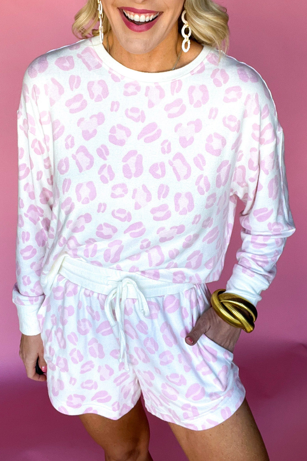 Plus Size Pink Leopard Print Long Sleeve Top Shorts Set