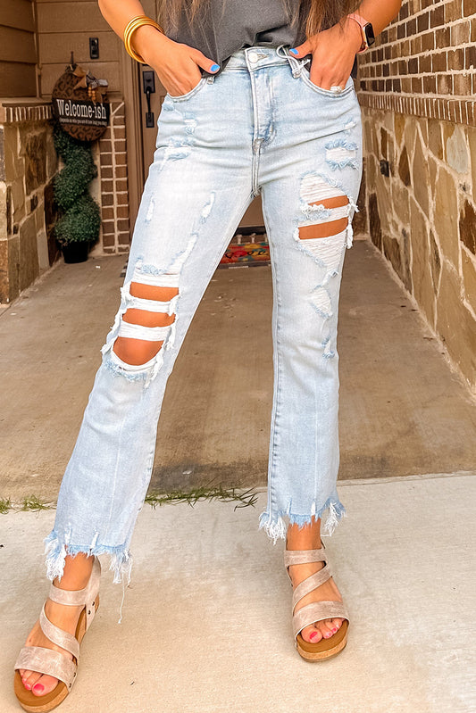 Bay Blue Light Wash Distressed Straight Leg Slim Fit Jeans