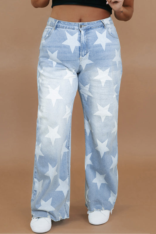 Plus Size Beau Blue High Waist Star Pattern Jeans
