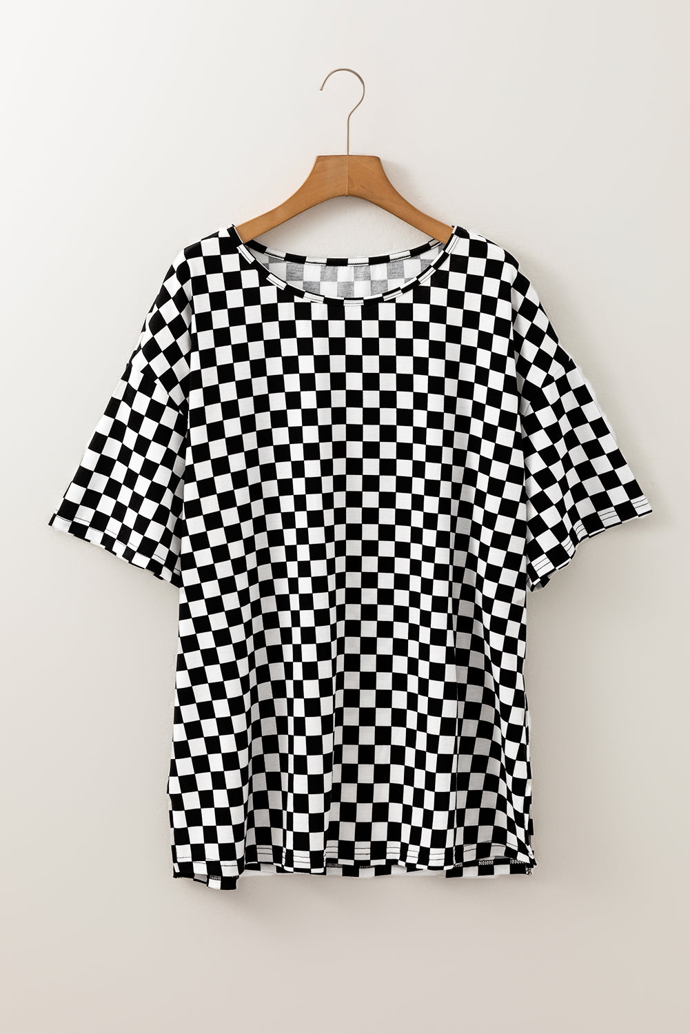 Plus Size Black Checkered Print Side Slits O Neck T Shirt