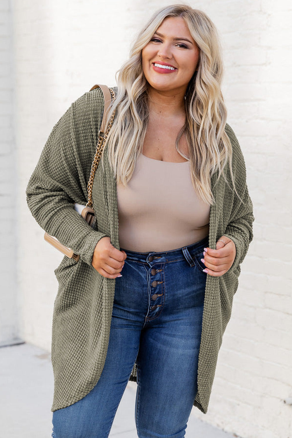 Plus Size Seagrass Waffle Knit Drop Shoulder Open Front Pocketed Cardigan