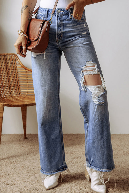 Lacy Blue Distressed Raw Hem Straight Leg High Waist Jeans