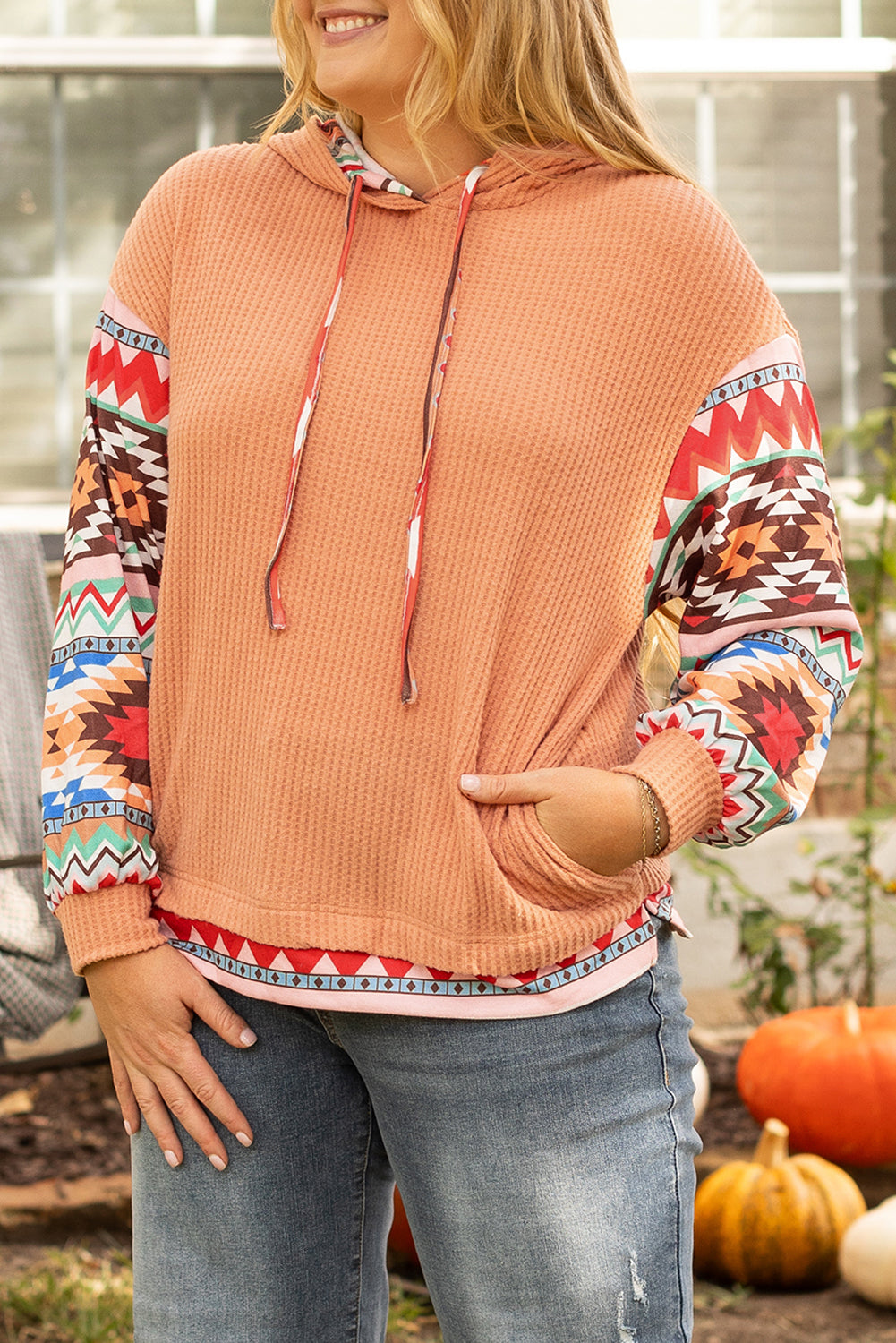 Plus size Khaki Aztec Patchwork Waffle Knit Hoodie