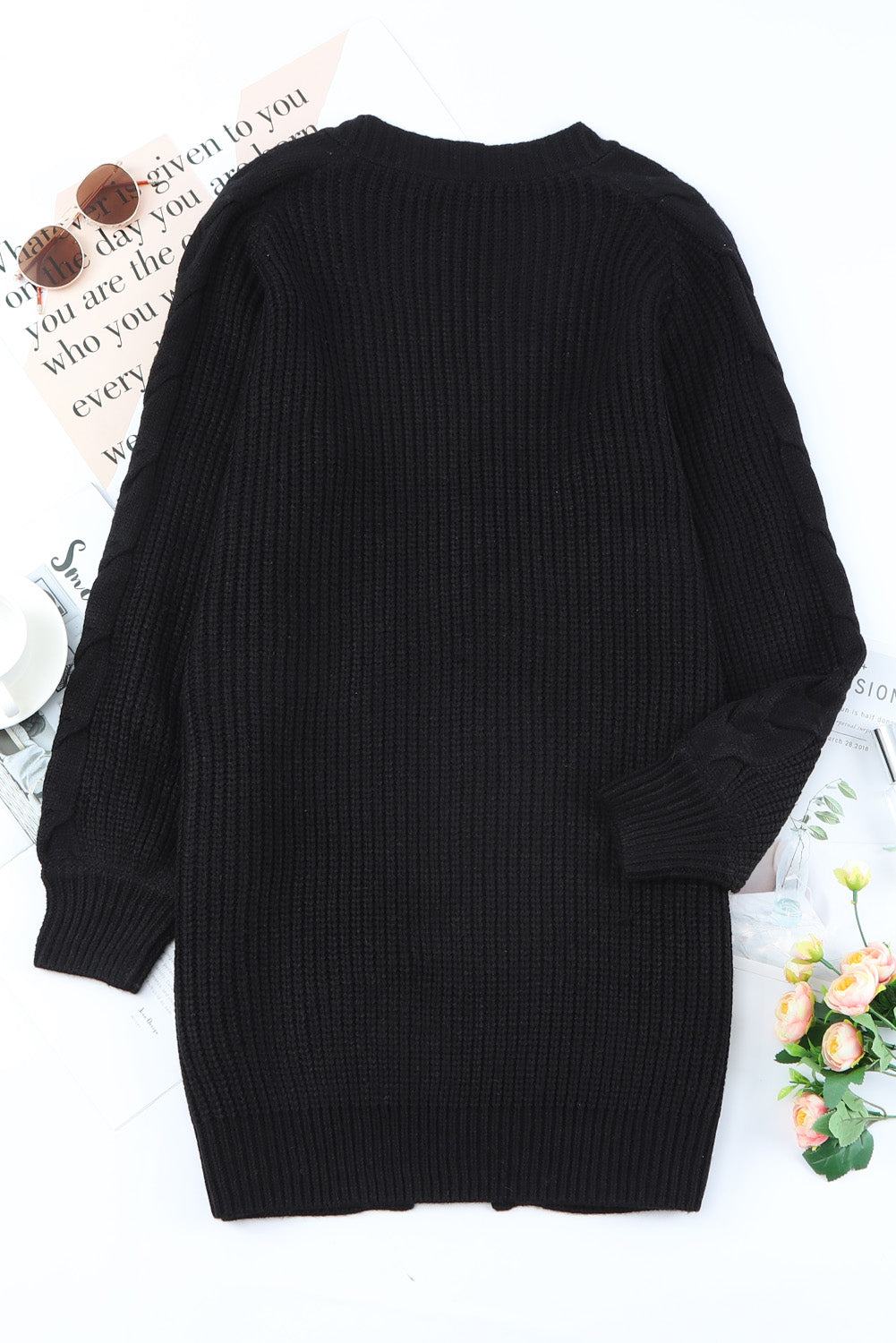 Open Front Cable Sleeve Long Cardigan