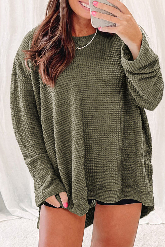Plus Size Moss Green Textured Knit Long Sleeve Top