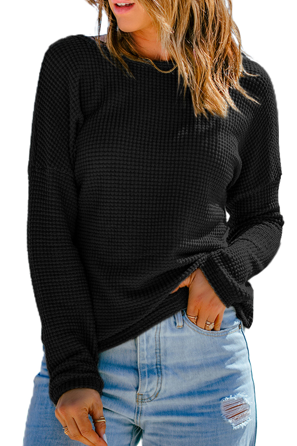 Waffle Knit Drop Shoulder Long Sleeve Top