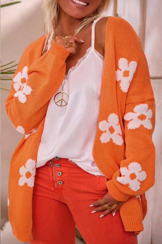 Plus Size Orange Flower Pattern Drop Shoulder Cardigan