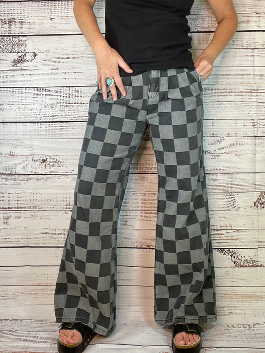 Checkered Denim Wide Leg Jeans