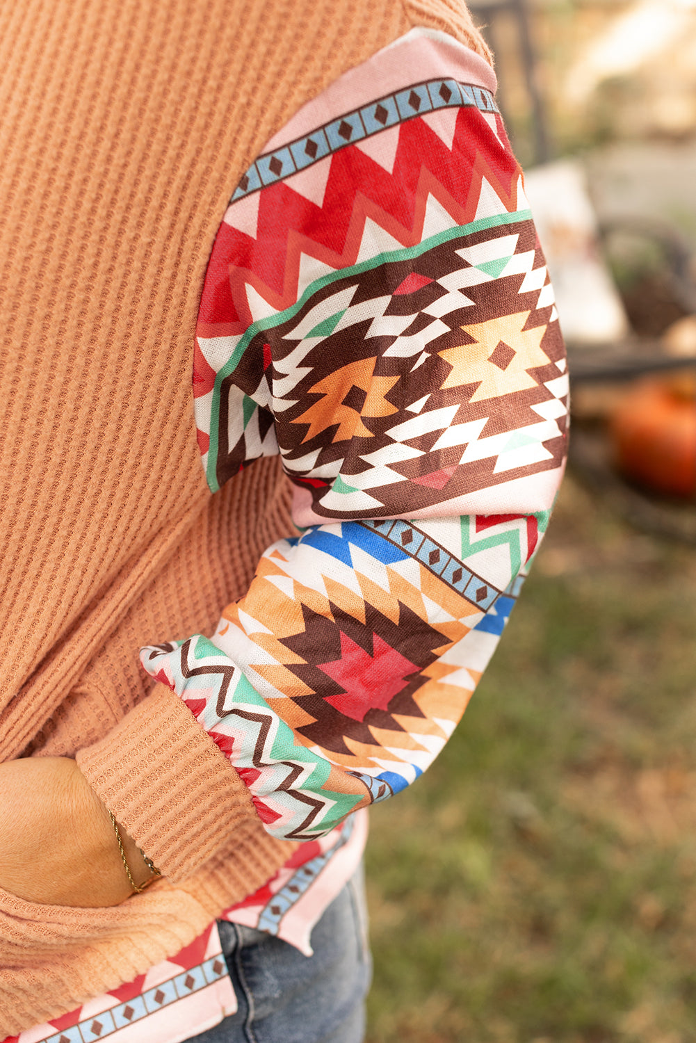 Plus size Khaki Aztec Patchwork Waffle Knit Hoodie