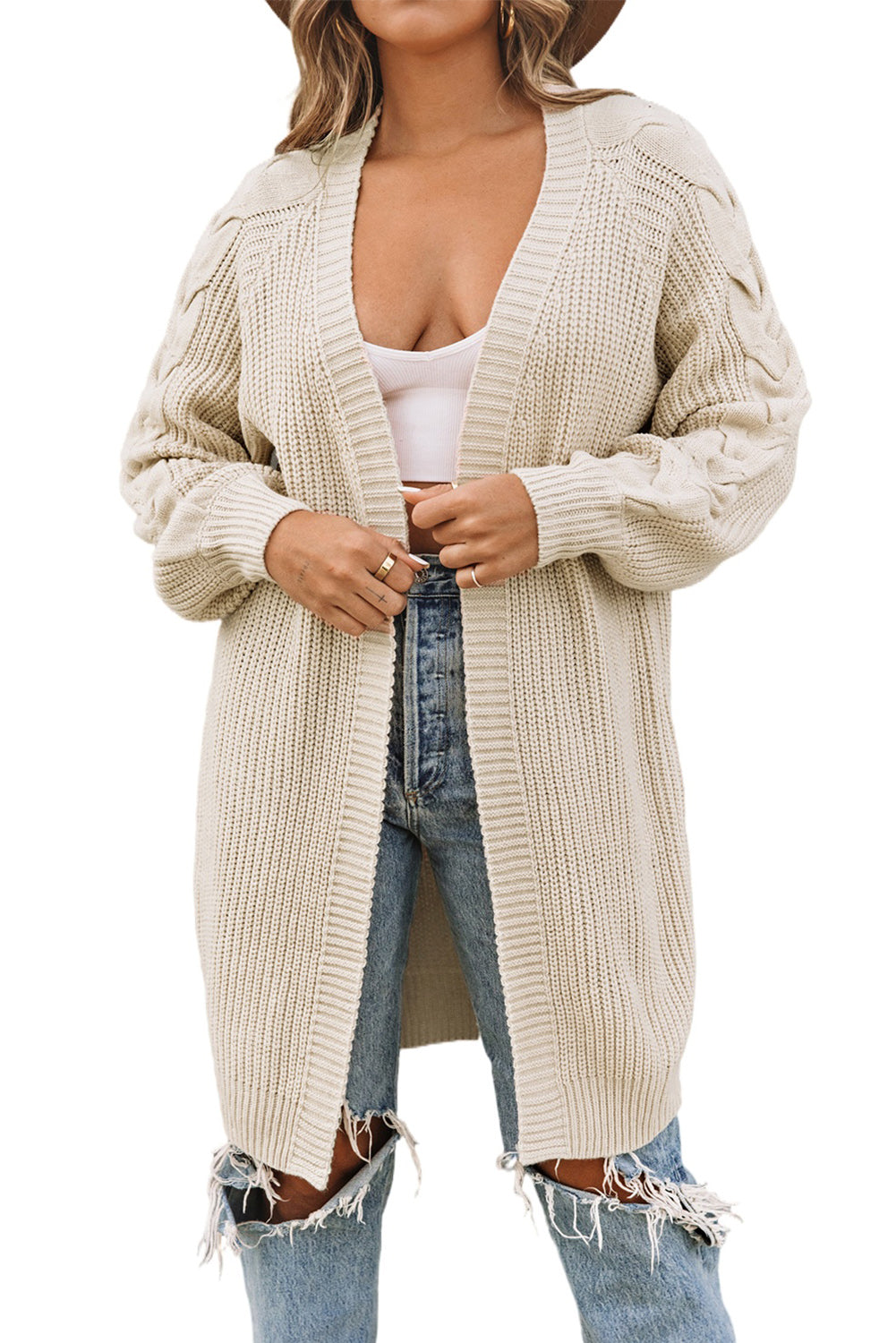Open Front Cable Sleeve Long Cardigan