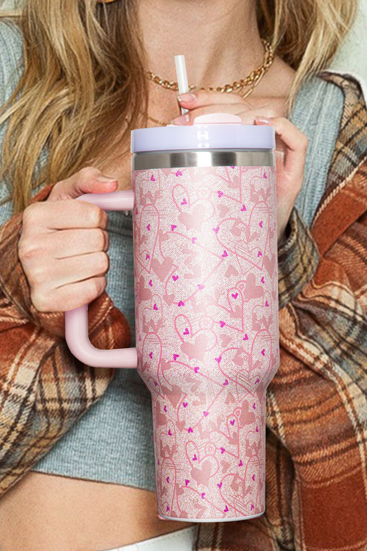 Apricot Pink Valentine Heart Shaped Print Stainless Steel Vacuum Cup 40oz
