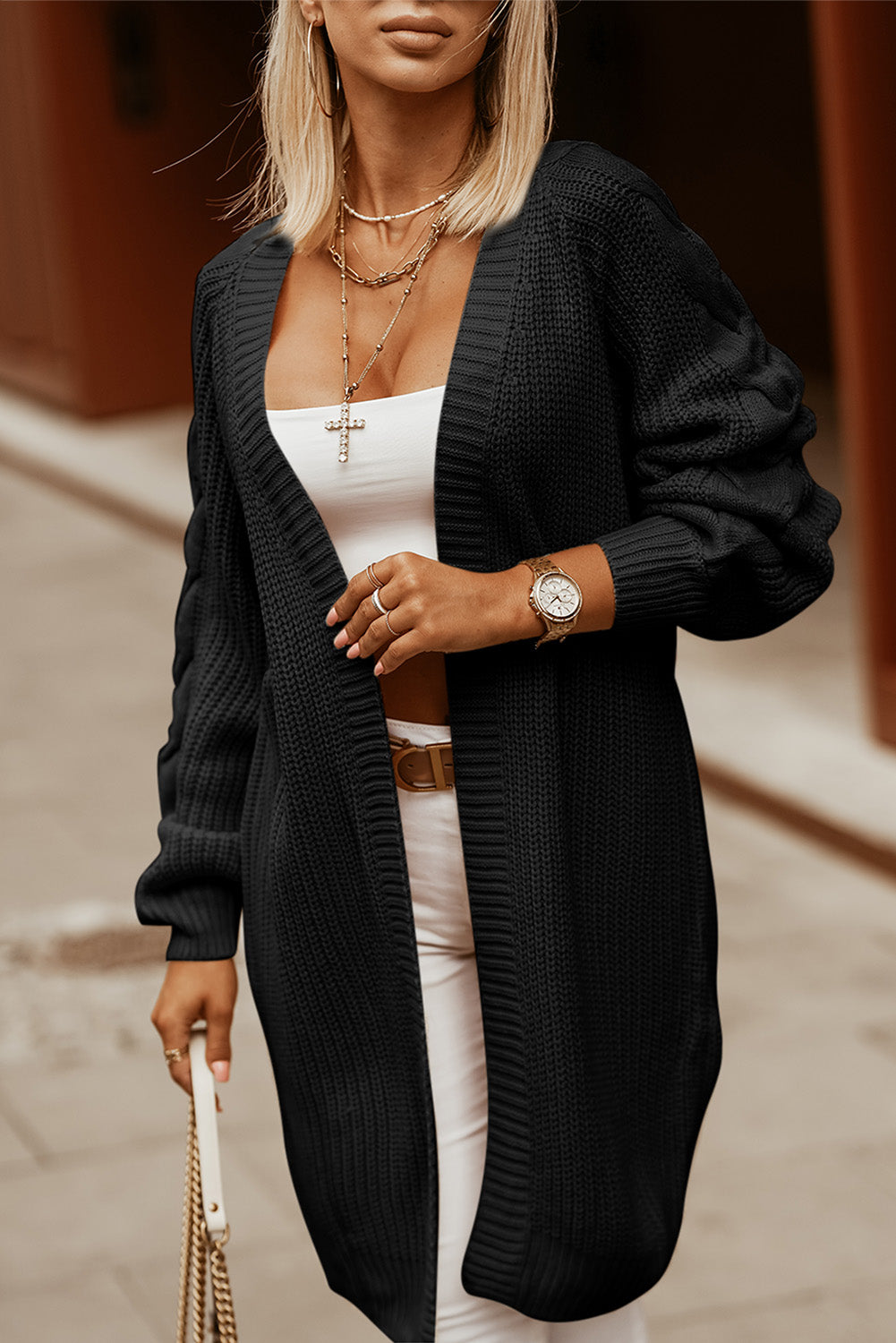 Open Front Cable Sleeve Long Cardigan