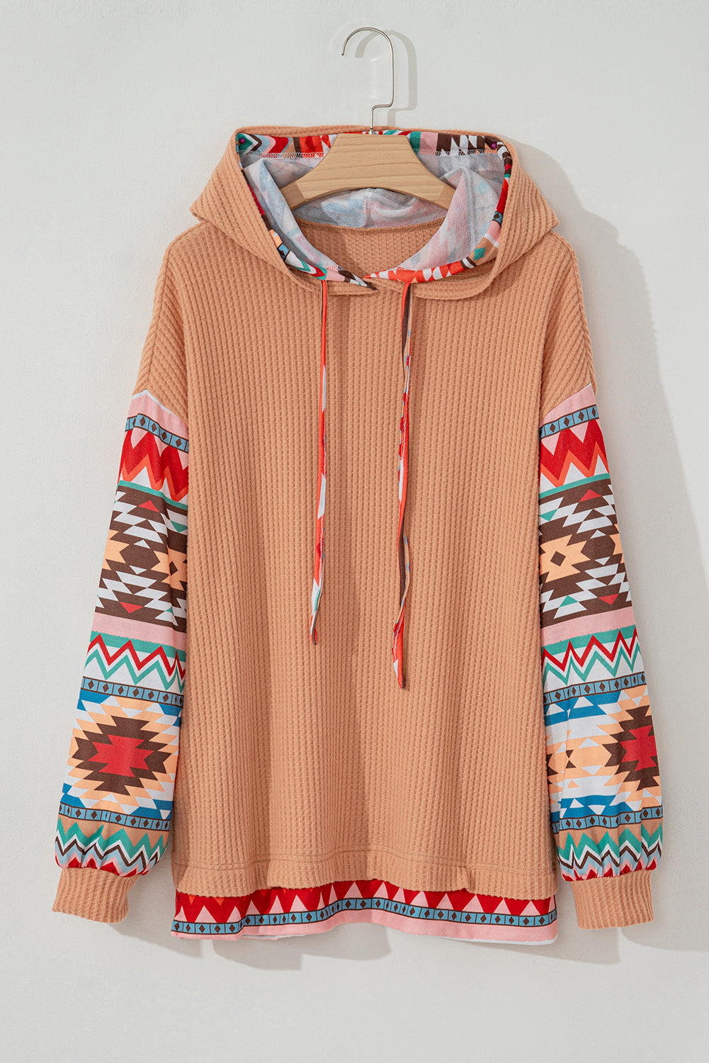 Plus size Khaki Aztec Patchwork Waffle Knit Hoodie