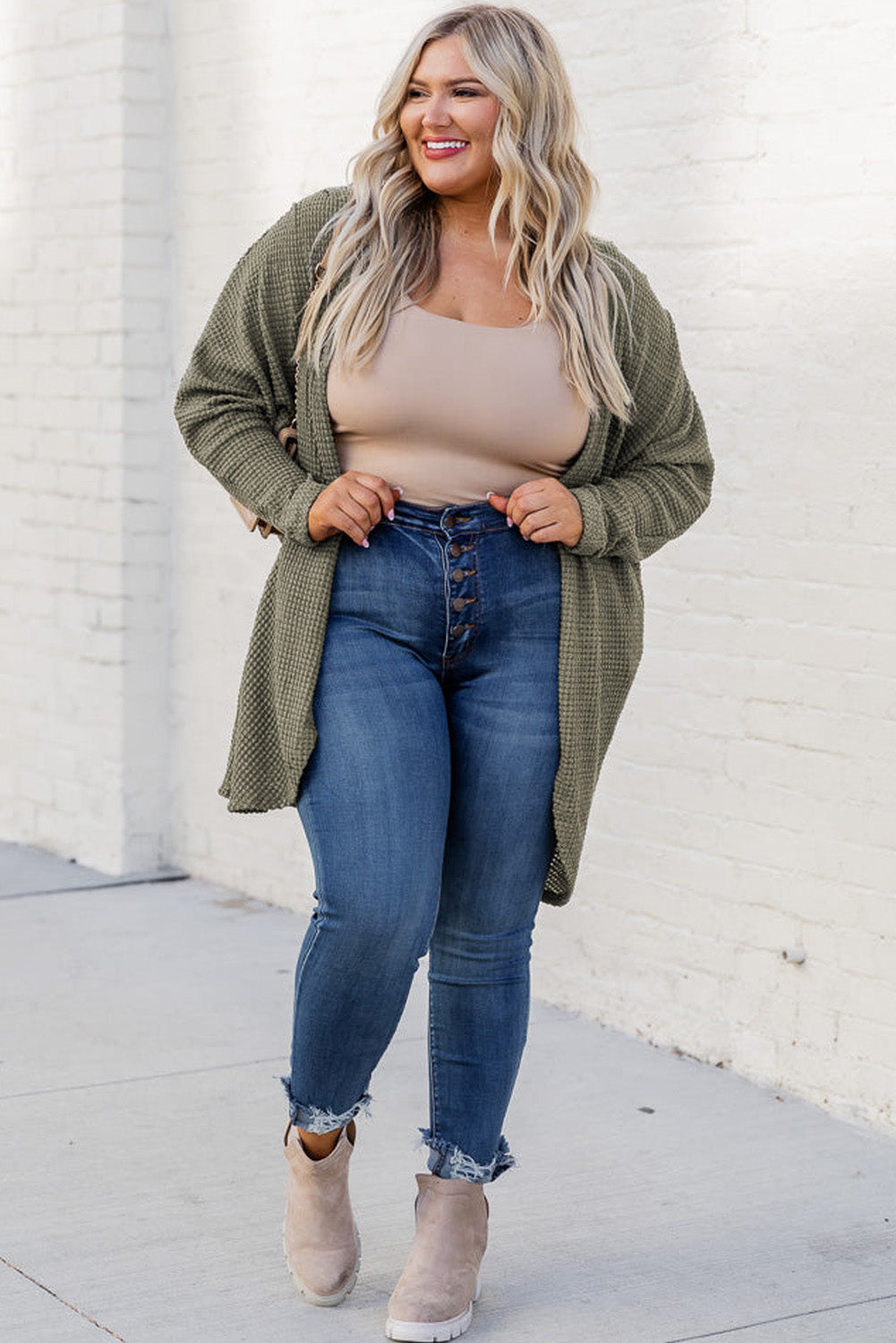 Plus Size Seagrass Waffle Knit Drop Shoulder Open Front Pocketed Cardigan