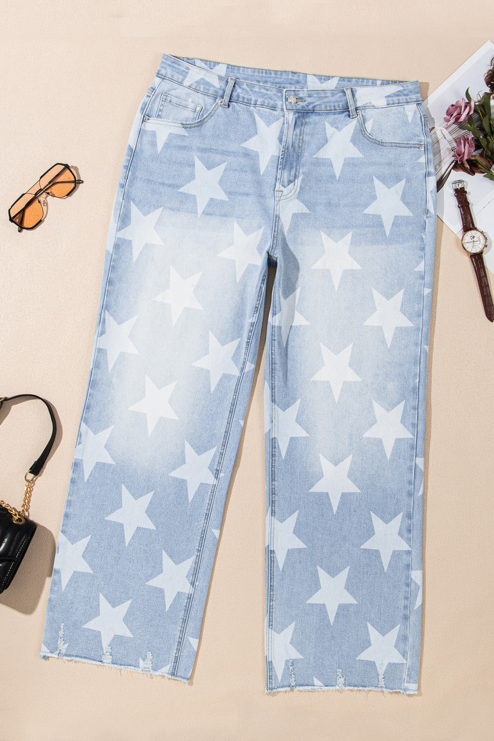 Plus Size Beau Blue High Waist Star Pattern Jeans